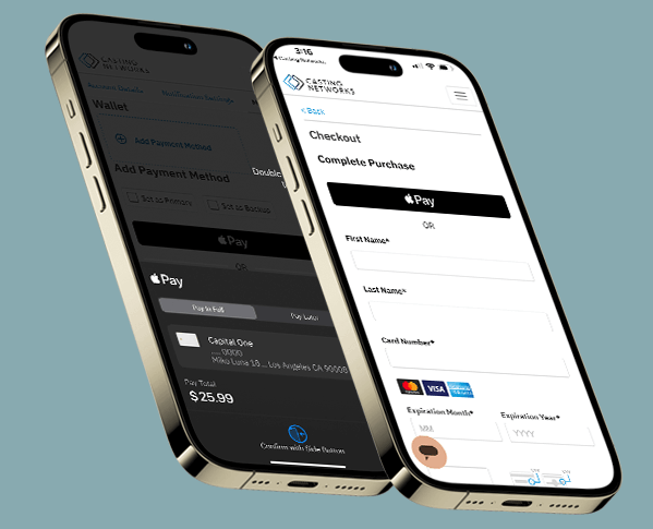 An iPhone logged into Casting Networks' app setting up Apple Pay