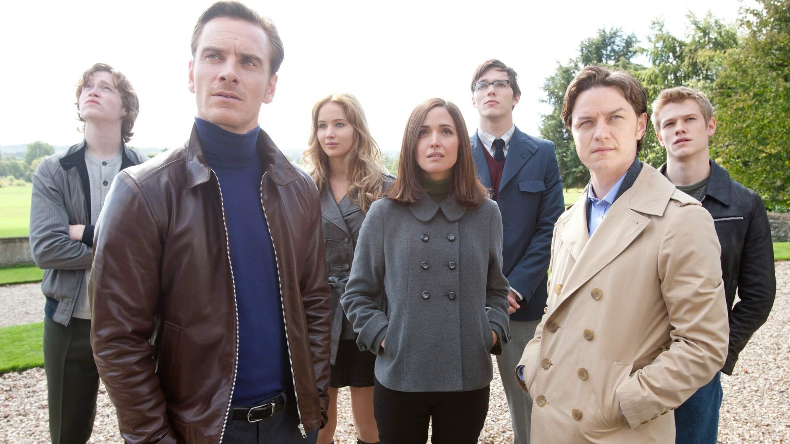 The full lead cast of X-Men: First Class outside.